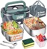 Electric Heated Lunch Box 100W - 3-IN-1 Fast Heating Lunch Boxes Portable for Adults, 12V24V220V with 2 Pack Containers Single & Compartment for Car Truck Office 3 Times Faster, NavyGreen