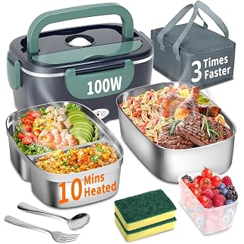 Electric Lunch Box 100 W 3-in-1 Portable Heated Lunch Box Removable Stainless Steel Lunch Box 12 V / 24 V / 220 V Insulated Heat Box for Car / Truck / Office with Insulated Bag and Sponge Blue 1.5 L