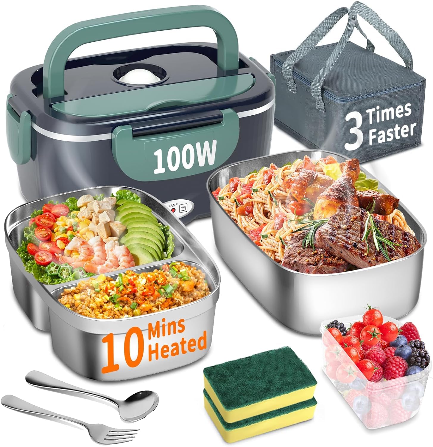 Contenitore Riscaldante da 1L, Lunch Box Elettrica Riscaldante, Tupperware Riscaldante, Scatola per pasti 12V/24V/220V 60W