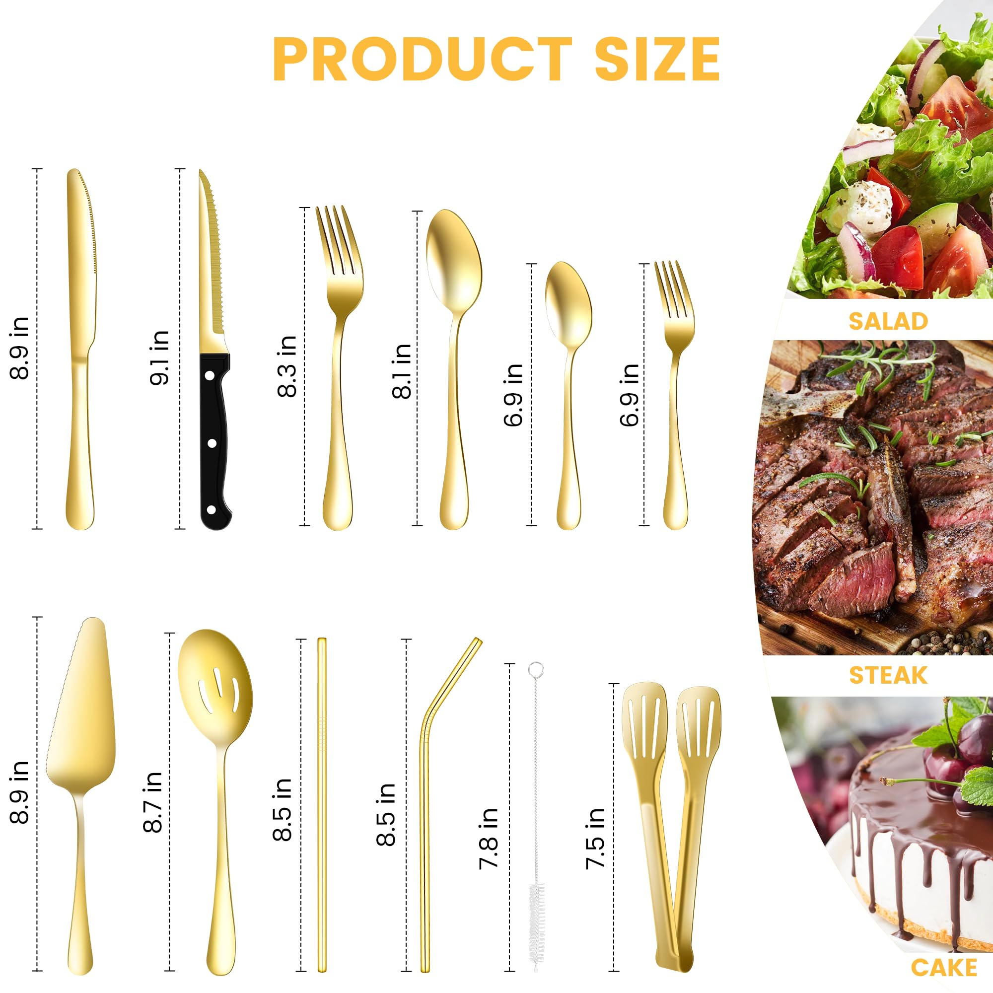 69 Piece Gold Silverware Set with Steak Knife Service For 8, Golden Flatware Cutlery Set Stainless Steel Utensils Mirror Polishe Spoons and Forks with Metal Straw, Slotted Spoons, Tongs, Tableware