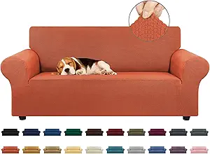 KEKUOU Stretch Loveseat Sofa Cover Slipcover,Couch Covers for 2 Cushion Couch Sofa (55"-78") Furniture Protector Sofa with Elastic Bottom for Kid,Dog. Jacquard Small Checked (Medium,Pureed Pumpkin)