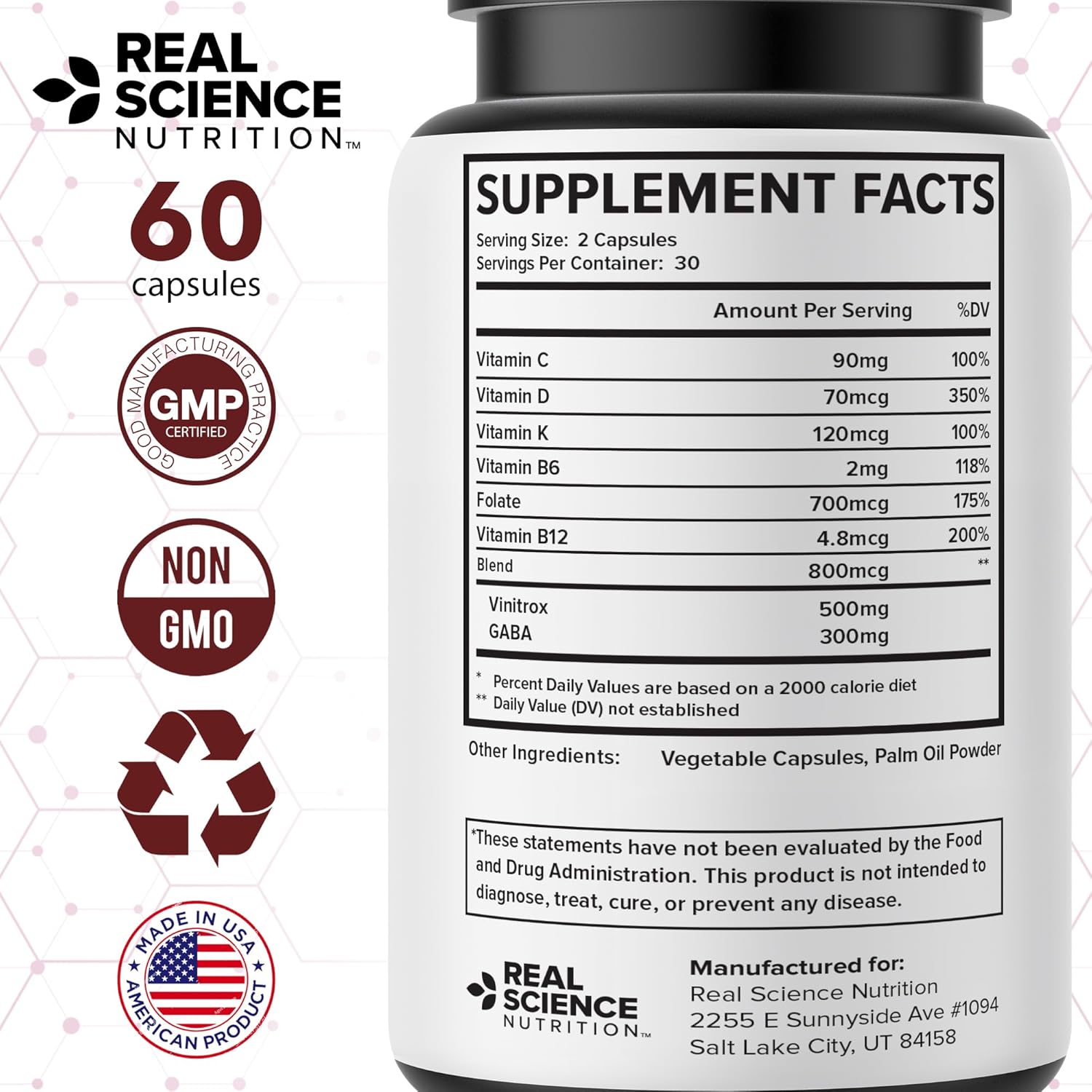 Real Science Glucose Balance – Glucose Support Supplement for Metabolic Health, Circulation & Energy Metabolism – Includes Vinitrox & GABA for Nitric Oxide Support – Made in USA, 60 Capsules