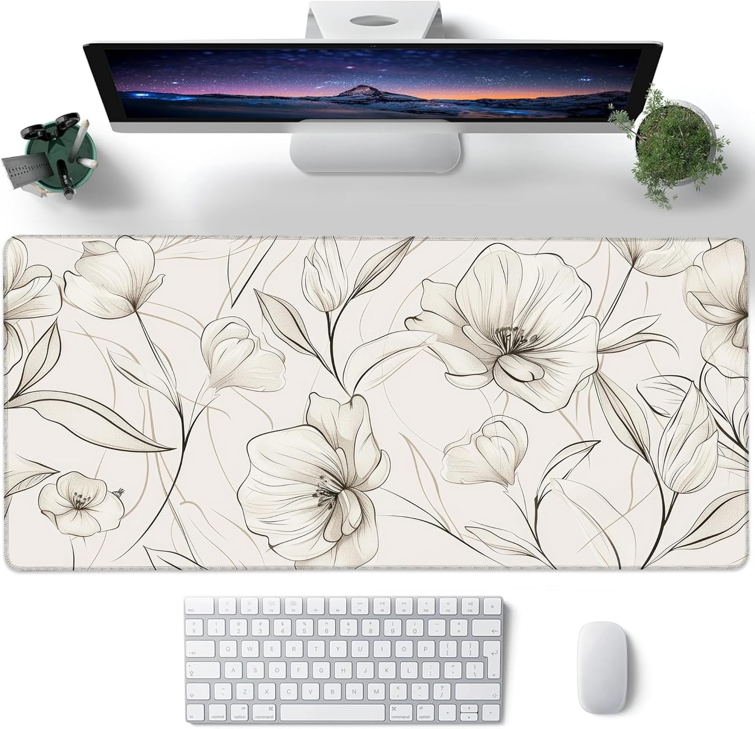 Desk Pad, Boho Minimalist Flowers XL Gaming Mouse Pad with Stitched Edges,Non-Slip Waterproof Rubber Base Large Desk Mat for Keyboard and Mouse 31.5"x11.8"