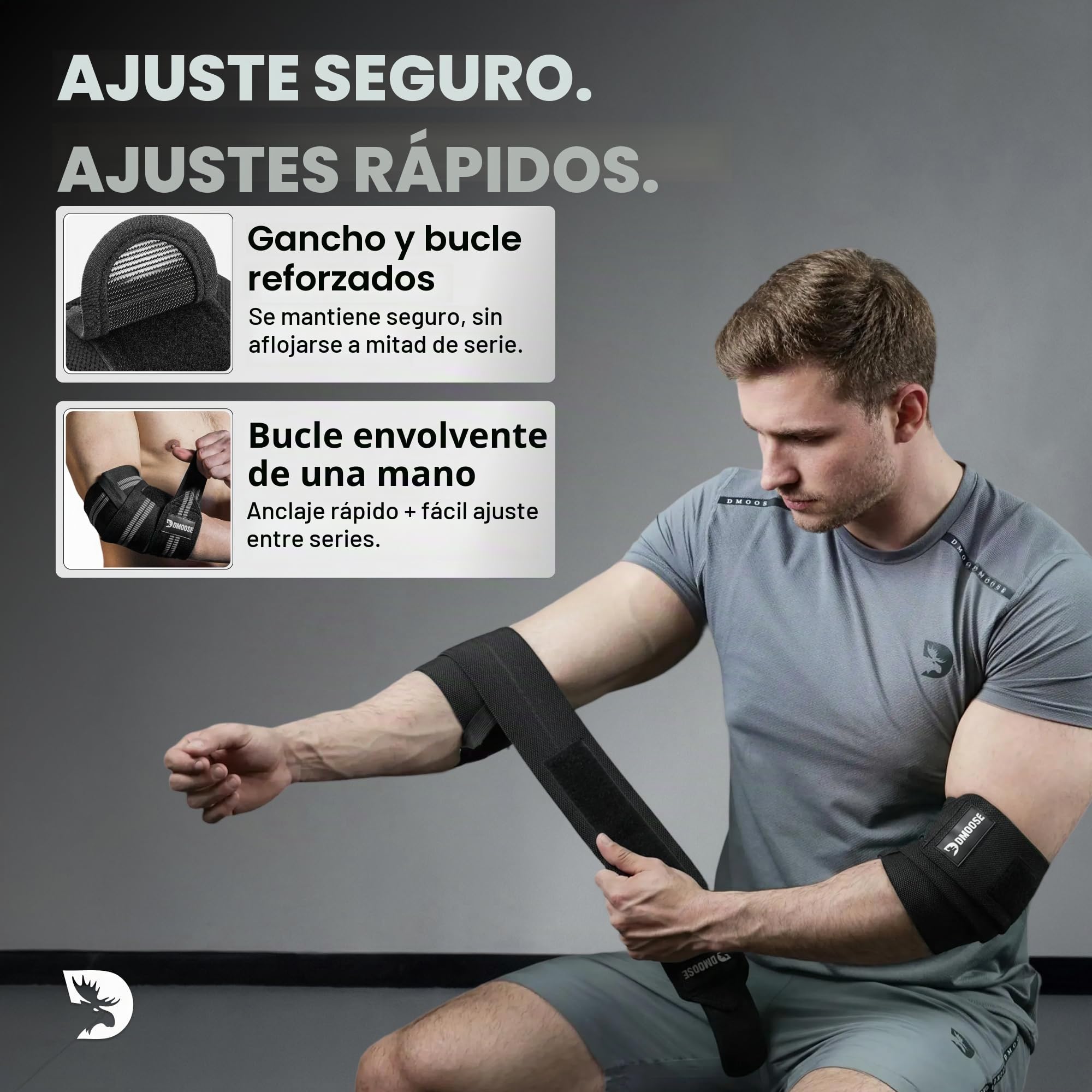 DMoose Fitness Coderas para levantamiento de pesas (par) de 40 pulgadas, soporte ajustable para apoyo articular, alivio del dolor y tendinitis, correas de codo para levantamiento de pesas, prensa de