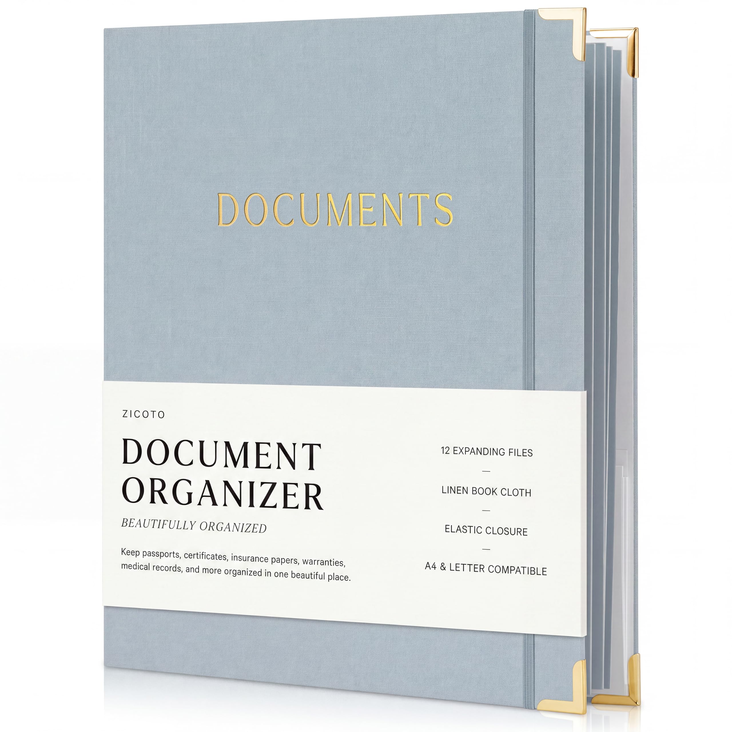 Juego organizador de documentos con carpetas de anillas de lino, para guardar con seguridad documentos y archivos en un lugar; almacenamiento extensible y fácil de usar, con sobres, bolsos y etiquetas