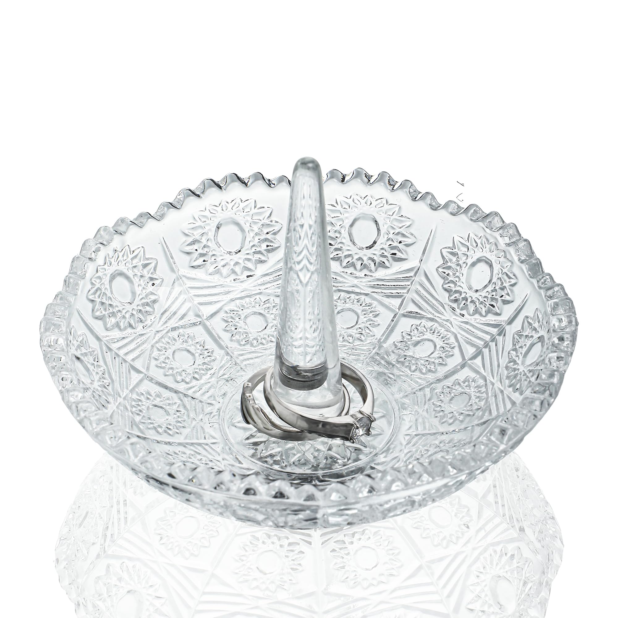 H&D Hyaline&Dora Crystal Ring Holder Dish, Clear Glass Jewelry Organizer Tray for Rings, Earrings, Necklace - Round Shape