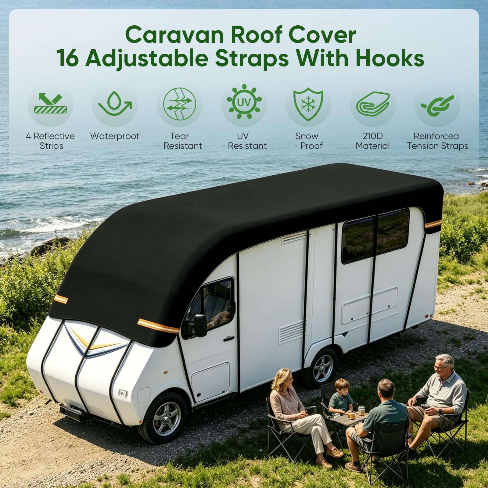 Telo di copertura per roulotte, 7,5 x 3 m, in tessuto Oxford 210D, impermeabile, protezione UV, per camper con 16 cinghie regolabili e strisce riflettenti, per campeggio e attività all'aperto
