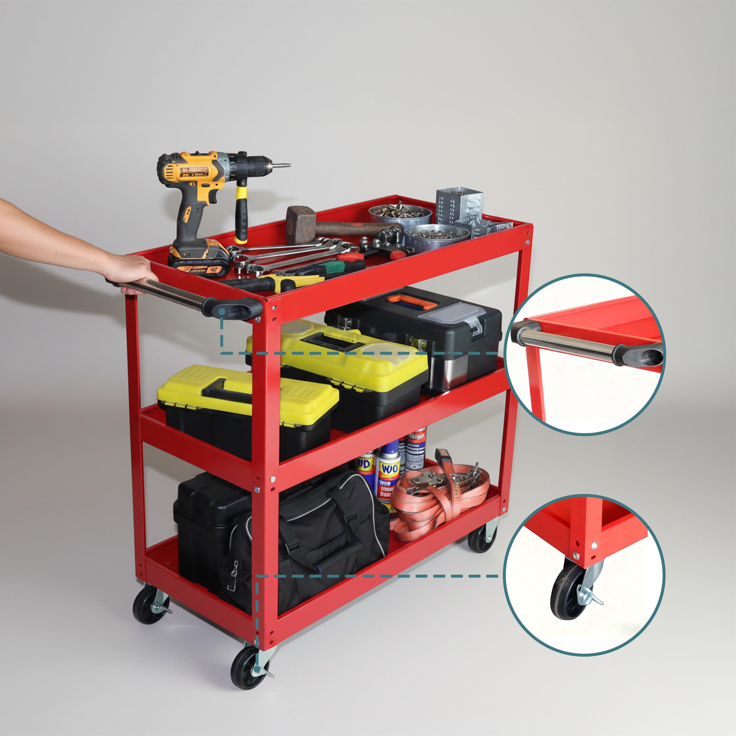 Relaxdays Chariot d'atelier 3 Niveaux, Mobile, 100 kg, 82,5x84x41 cm, Rouge