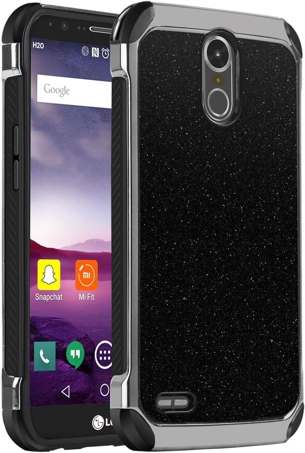 BENTOBEN Phone case for LG Stylo 3 Plus/LG Stylus 3/ LG K10 Pro/LG Stylo 3 LS777 Protective Slim Shockproof Glitter Bling Hard PC Cover Hybrid Sparkly Faux Leather Soft TPU Bumper for Girls Black