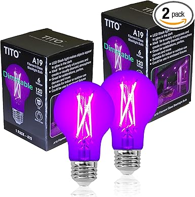 TITO 2 Pack E26 A19 Dimmable Filament LED Black Light Bulbs, UVA 395nm 6W Blacklight Bulb 100W Equivalent, Black Light Bulb Glow in Dark Halloween Christmas Party Fluorescent Posters Decor Display
