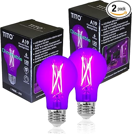 TITO 2 Pack E26 A19 Dimmable Filament LED Black Light Bulbs, UVA 395nm 6W Blacklight Bulb 100W Equivalent, Black Light Bulb Glow in Dark Halloween Christmas Party Fluorescent Posters Decor Display