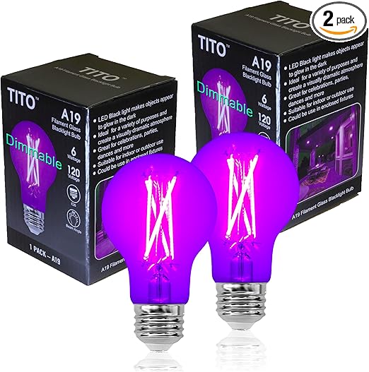 TITO 2 Pack E26 A19 Dimmable Filament LED Black Light Bulbs, UVA 395nm 6W Blacklight Bulb 100W Equivalent, Black Light Bulb Glow in Dark Halloween Christmas Party Fluorescent Posters Decor Display