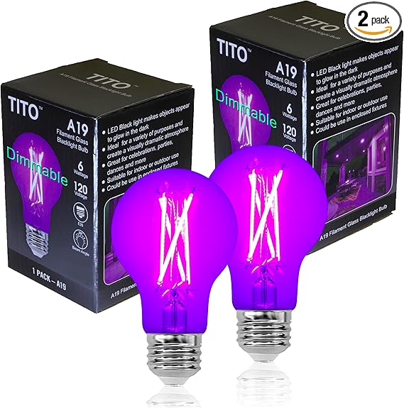 TITO 2 Pack E26 A19 Dimmable Filament LED Black Light Bulbs, UVA 395nm 6W Blacklight Bulb 100W Equivalent, Black Light Bulb Glow in Dark Halloween Christmas Party Fluorescent Posters Decor Display