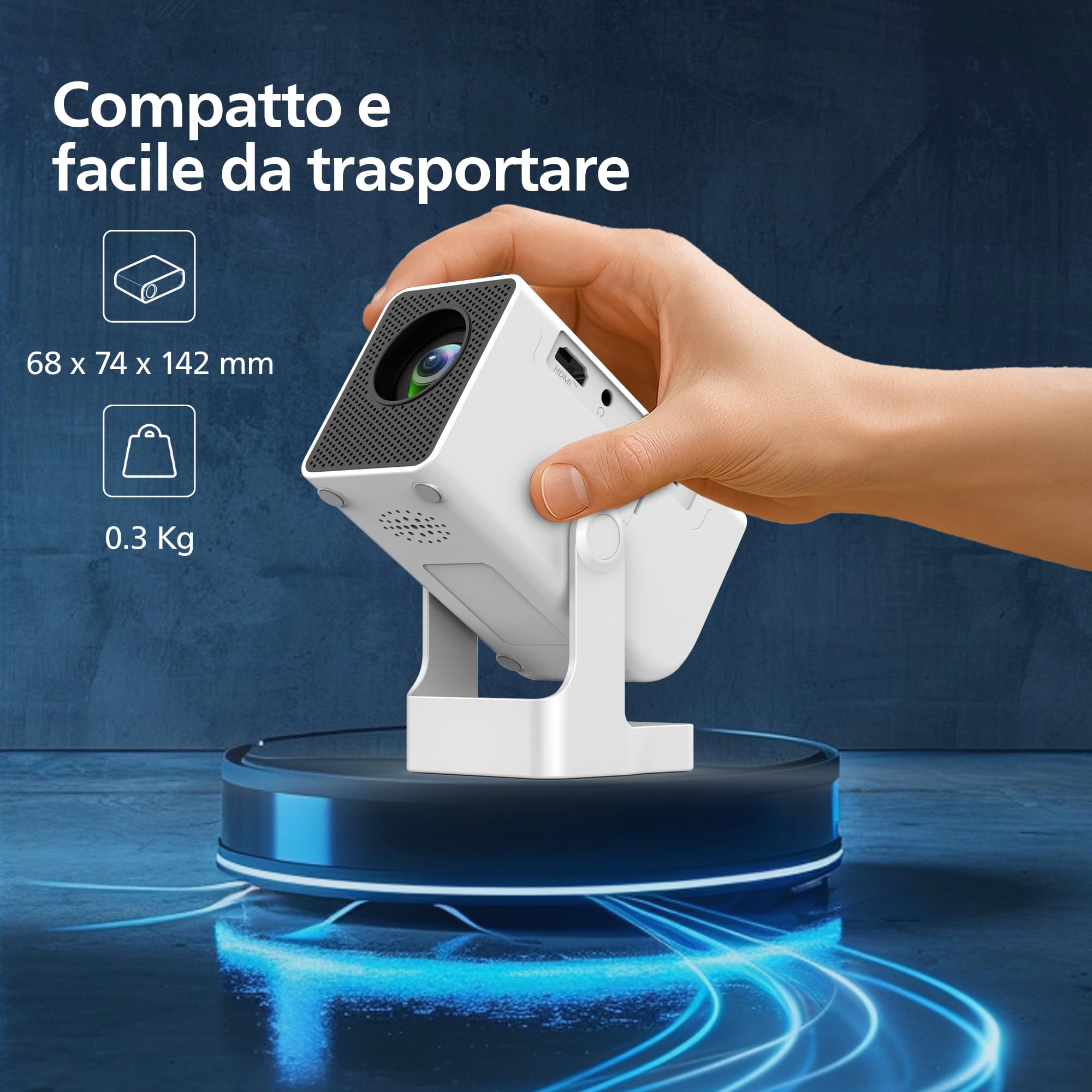 Philips, Neopix 140, Proiettore Home Theatre, Risoluzione 1280x720p, Rotativo a 180 gradi, Modalità Specchio, Wi-FI 6, Audio Stereo 2x3 Watt, Bianco