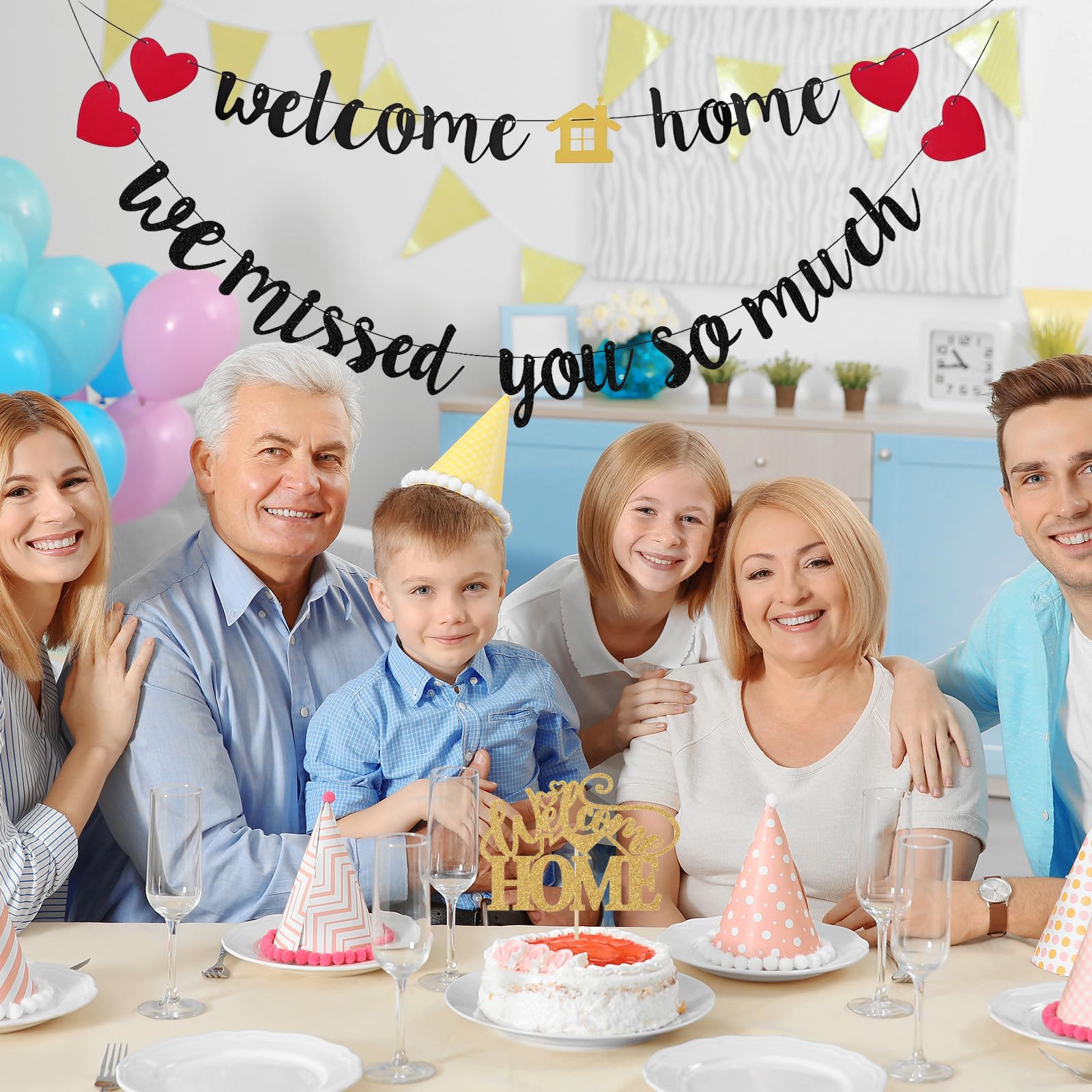 Welcome Home Decorations Set, We Missed You So Much Banner & 1 Cake Topper - Image 2