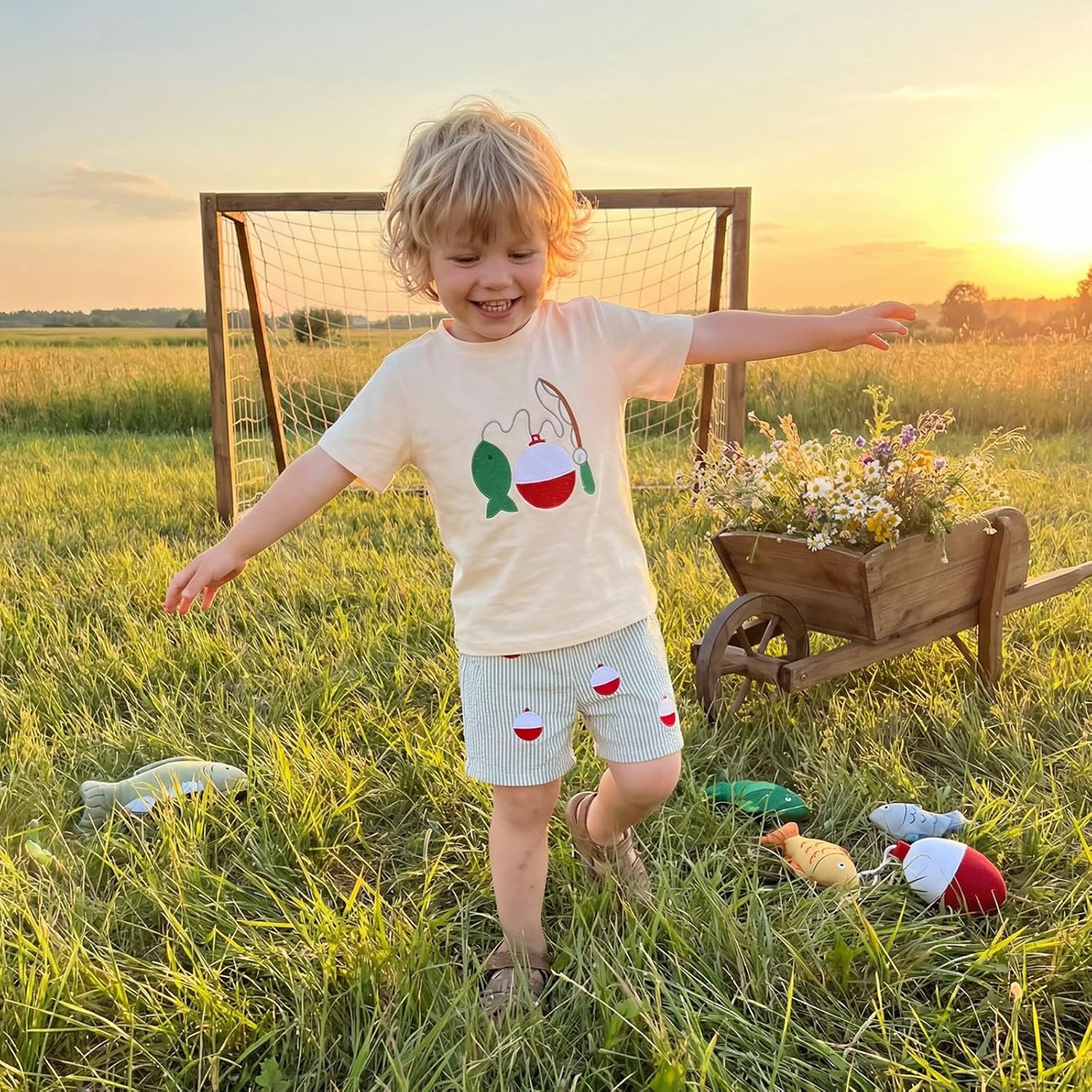 Baby Boy Fishing Outfit Adorable Fish Print Short Sleeve Shirt And Striped Shorts Set Toddler Summer Clothes