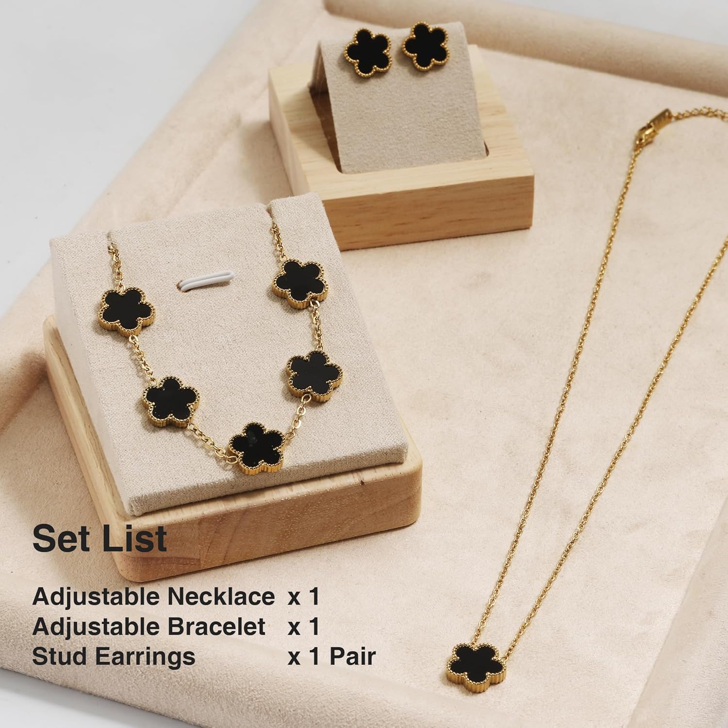 18K Gold Five Leaf Clover Jewelry Set - Complete Necklace Bracelet Earrings Gift Set for Women - Image 4