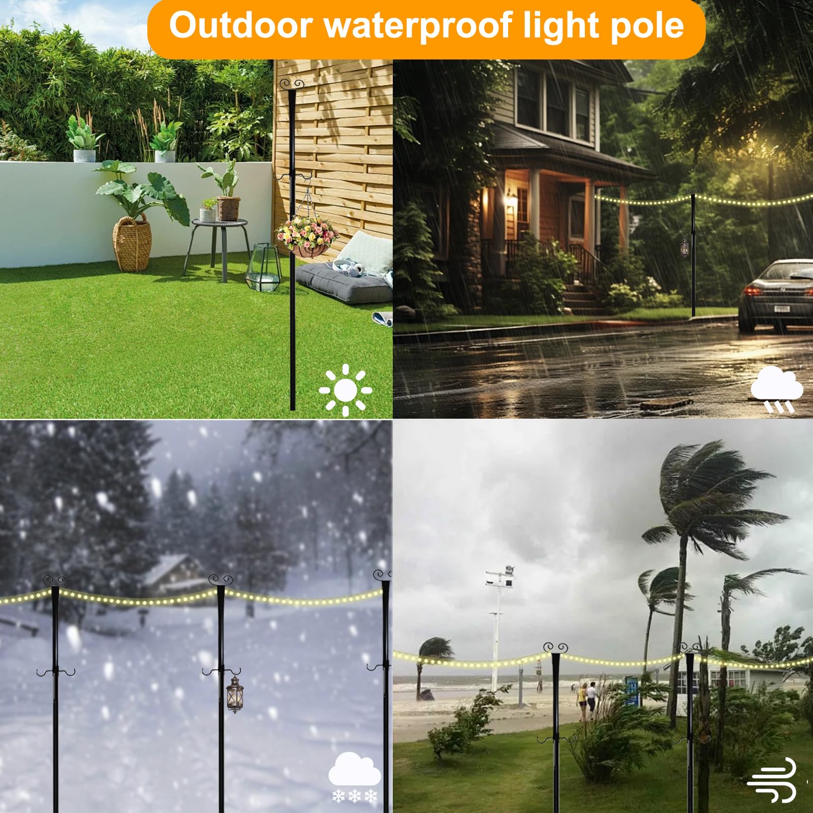 4 postes de luz festoon, postes de bandera de hierro resistente de 10 pies para jardín con tenedor y 2 ganchos, poste de altura ajustable para exteriores, jardín, patio, terraza, patio, patio