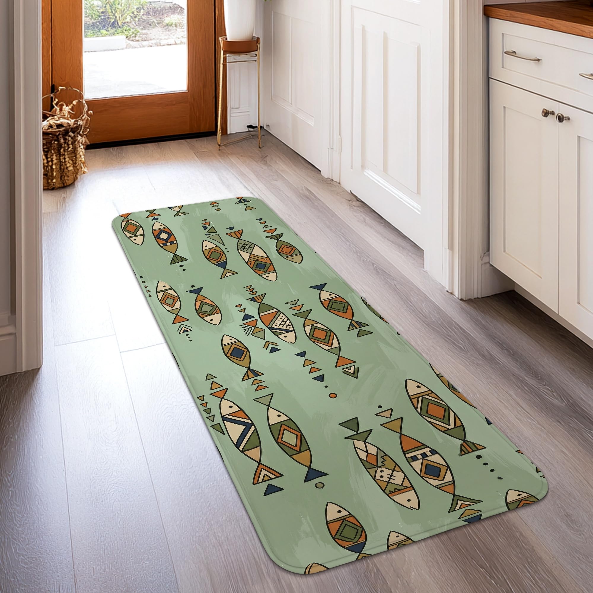 Tapis de couloir bohème vert été idéal pour illuminer votre entrée ou votre cuisine 60x150