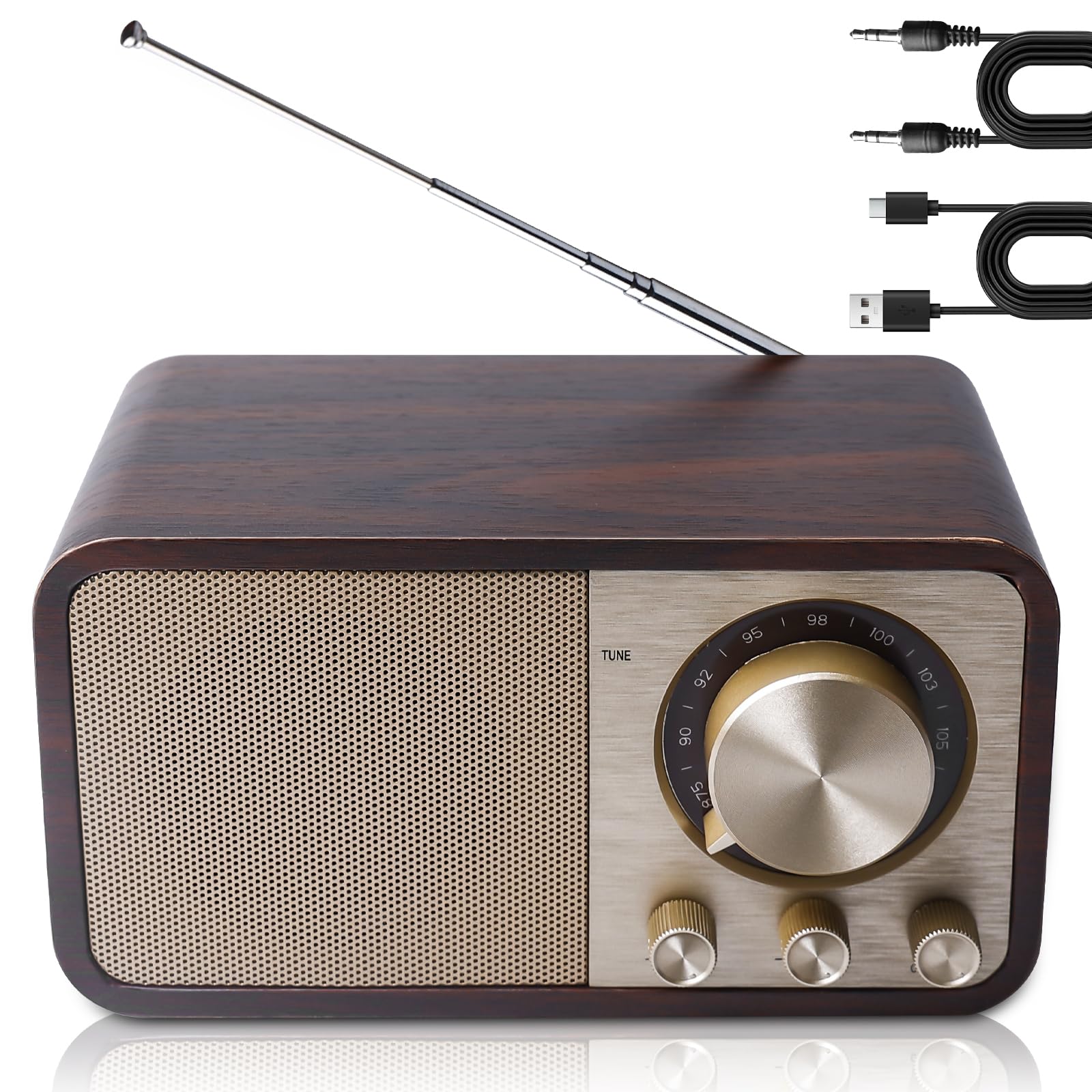 Radio retro con Bluetooth, radio nostálgico recargable con batería de 1500mAh, USB/tarjeta TF/AUX, altavoz de 5W con aspecto de madera vintage para cocina/dormitorio/oficina