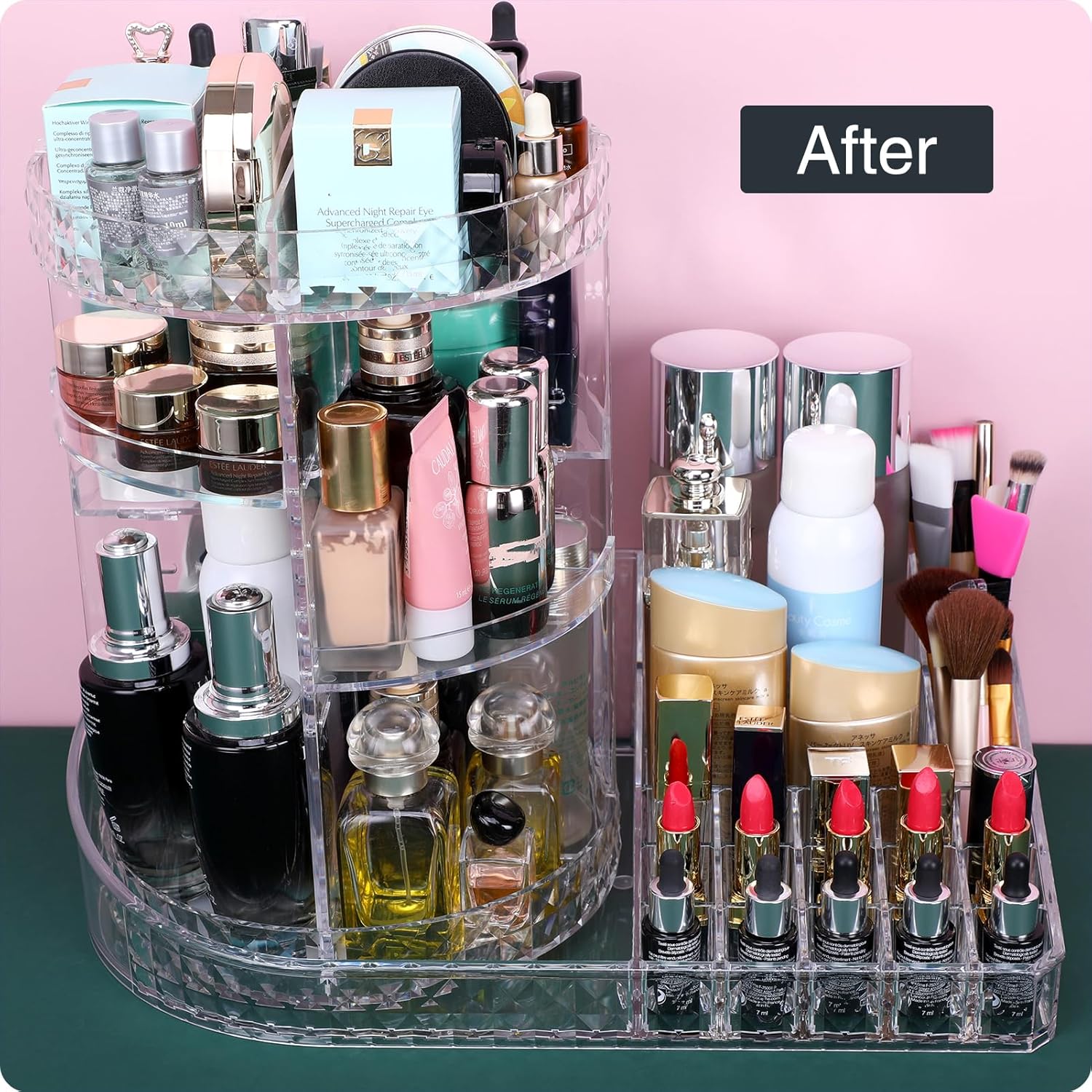 MOSIKER 360 Rotating Skincare Organizer,Large Clear Acrylic Tiered Adjustable Perfume Tray Cosmetic Holder for Bathroom