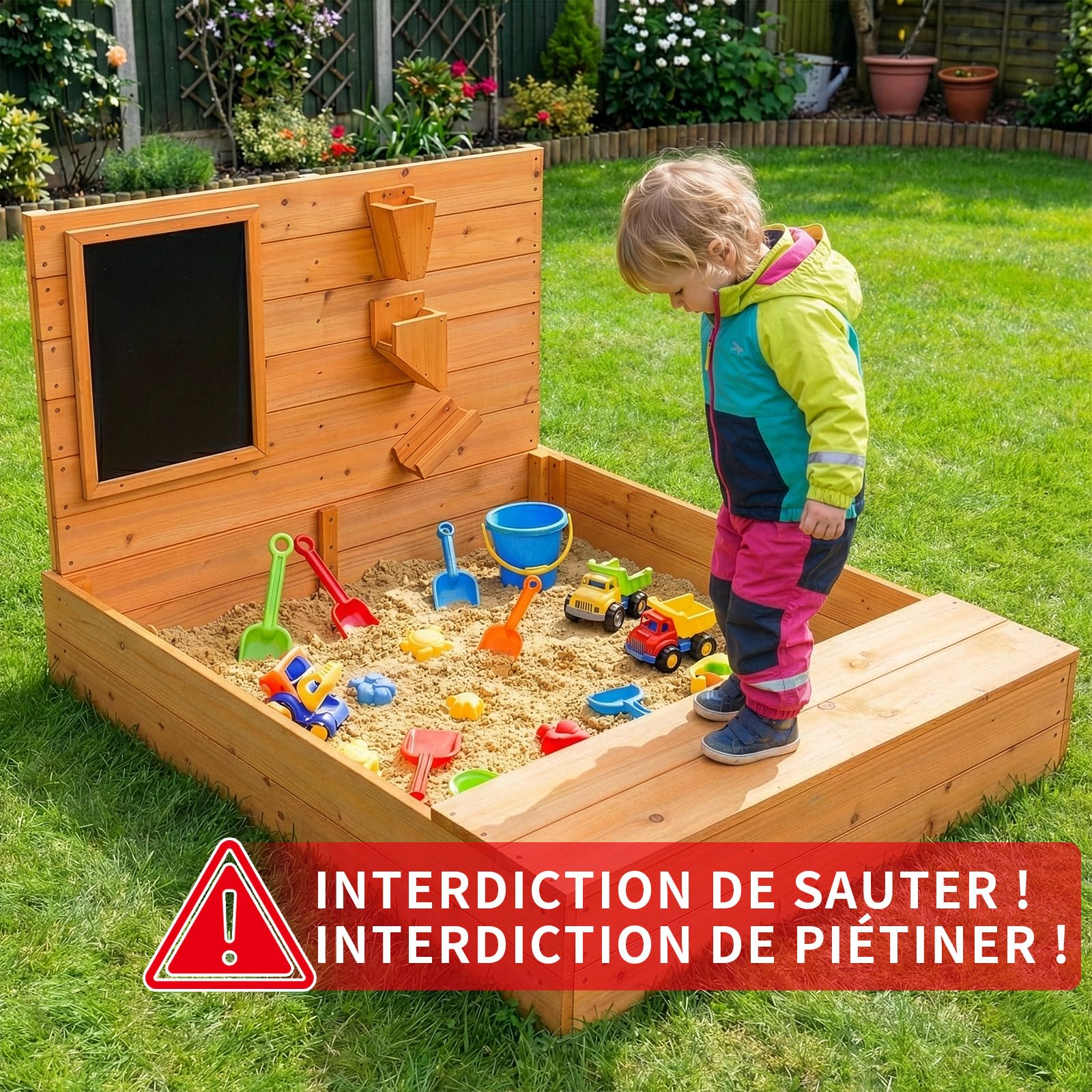 LEADZM Bac à Sable en Bois pour Enfants avec Banc, Tableau Noir et Entonnoir, 120 x 115 x 76.5 cm, Grand Bac à Sable Extérieur pour Jardin, Plage, Parc, Cadeau pour Garçons et Filles de 3 à 12 Ans