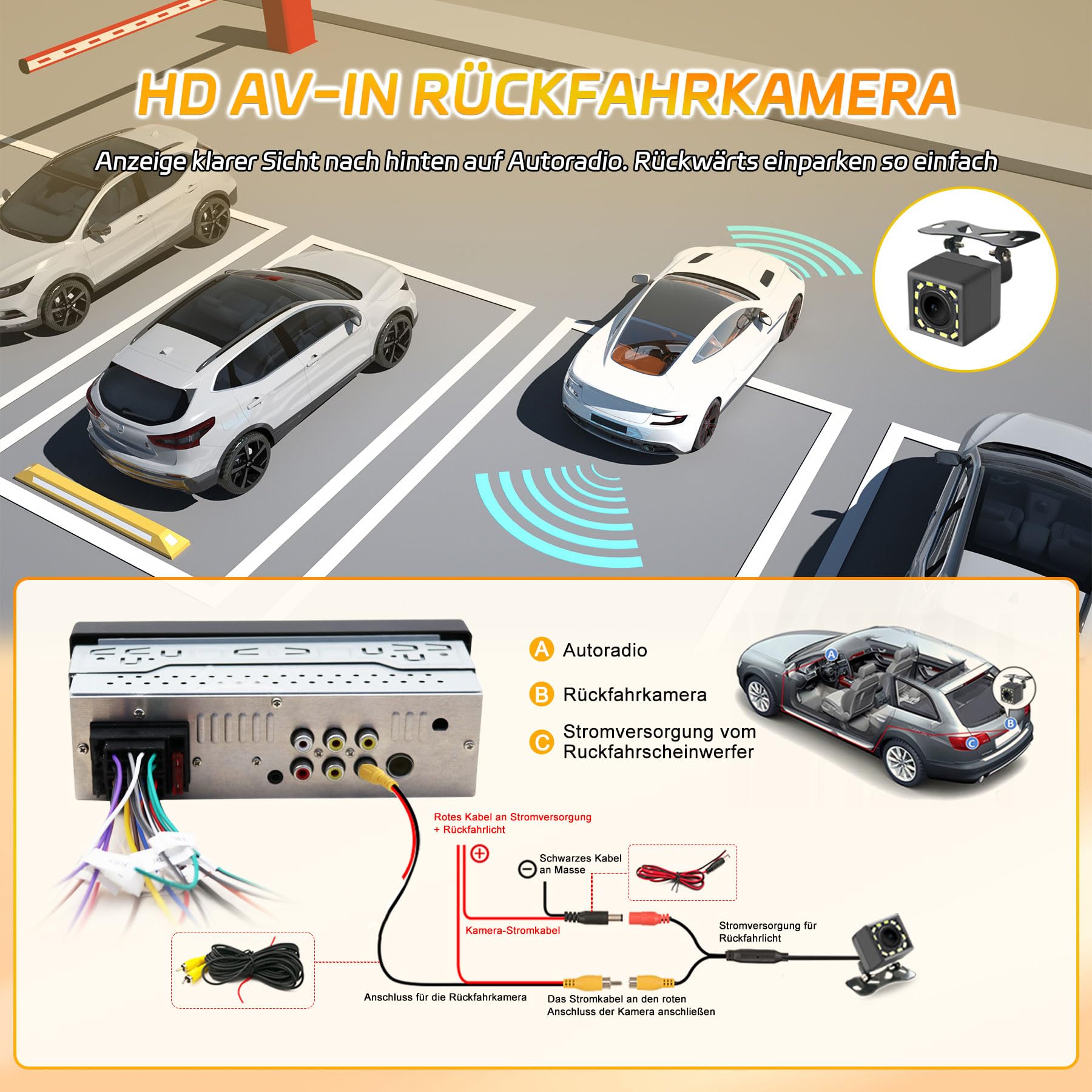 1Din Bluetooth Autoradio mit Bildschirm CarPlay/Android Auto Rückfahrkamera | 6,28 Zoll Touch Display mit GPS Navigation, FM, Lenkradsteuerung, MirrorLink, Equalizer, USB-C, AUX, Single Din Auto Radio