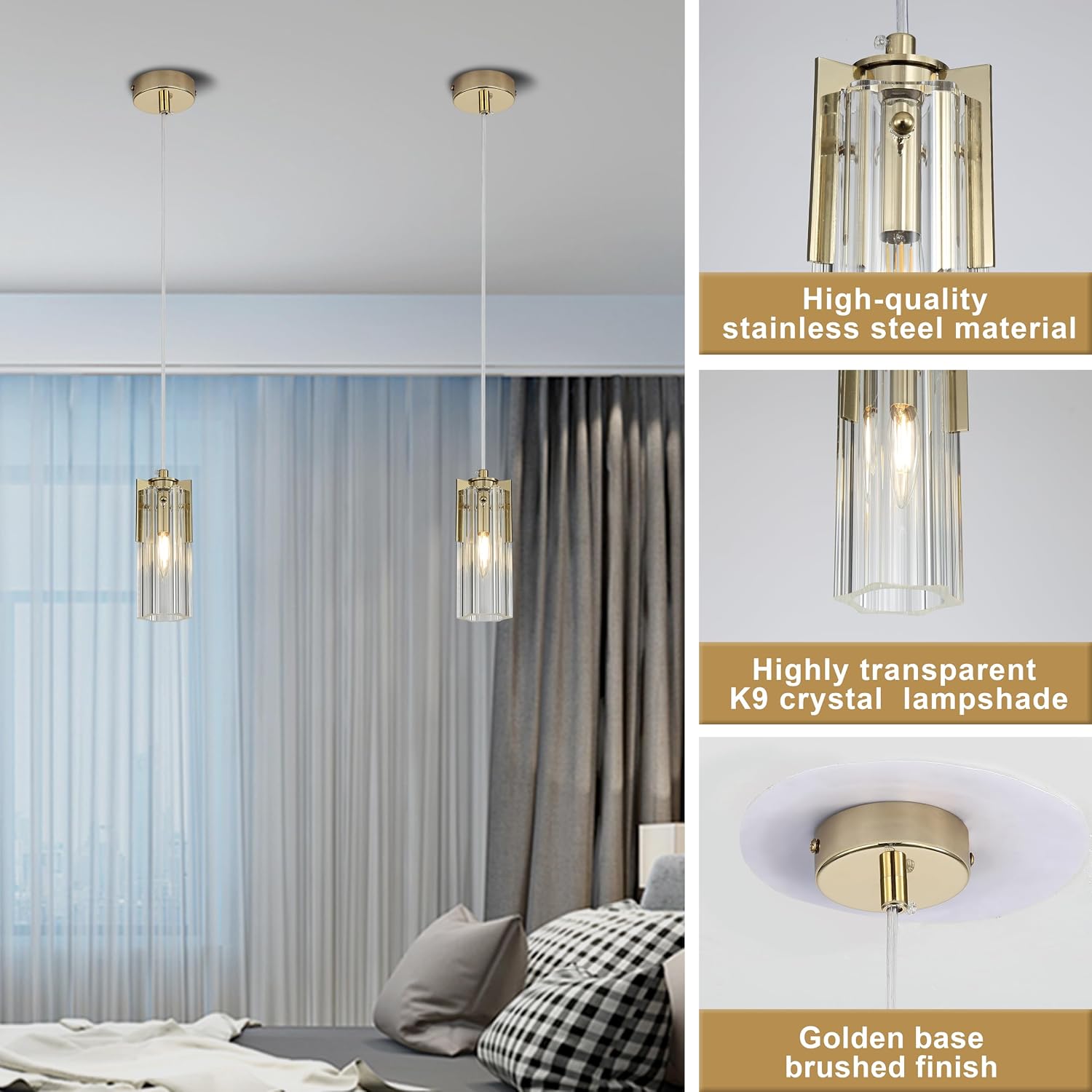 Modern 1-Light Gold Pendant Light, Stainless Steel and K9 Crystal Pendant Lighting, Mini Hanging Ceiling Light for Kitchen Island, Bedroom, Hallway, E12 Bulb Base