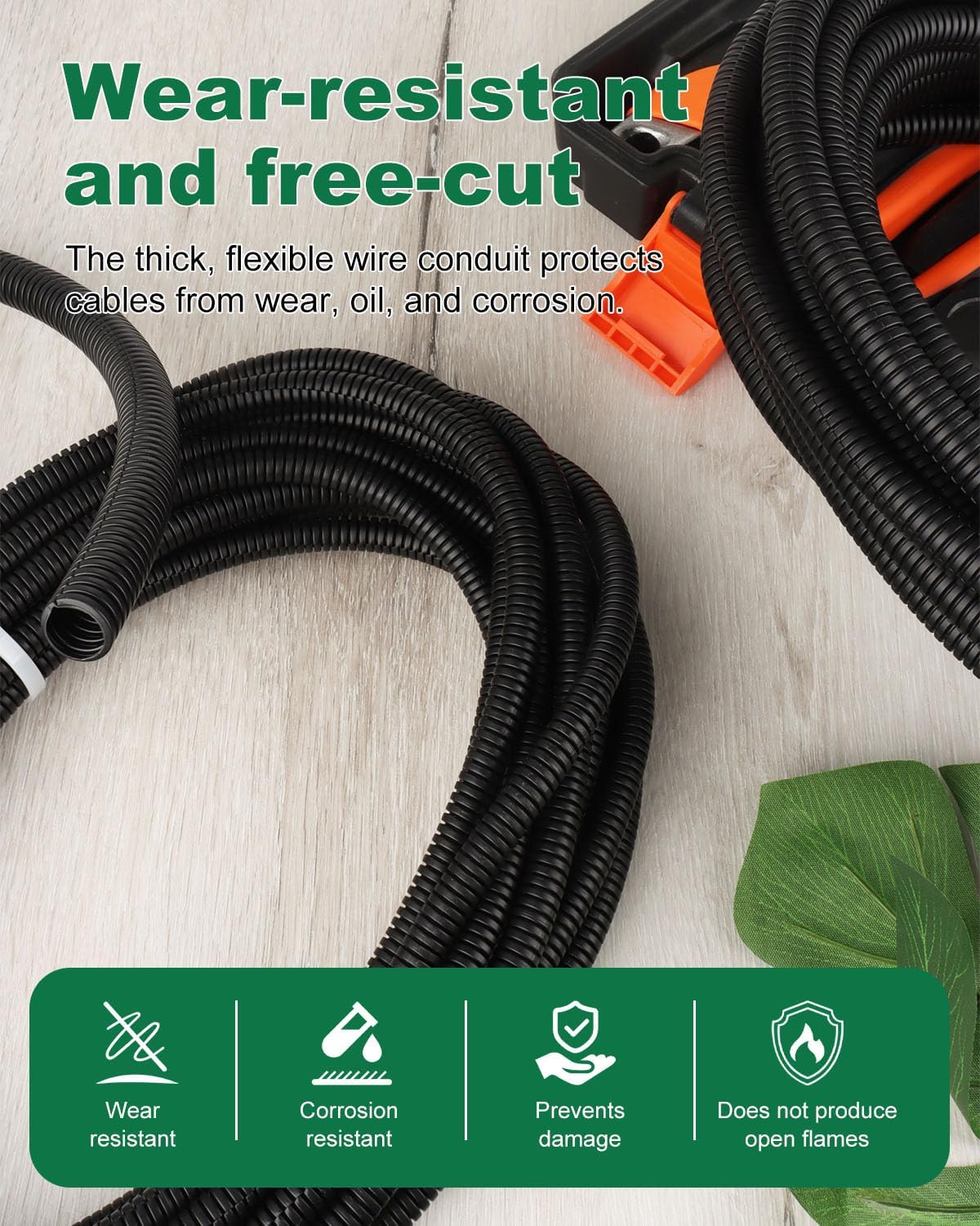 MUZIK Split Wire Loom Tubing, 4 Pack 120 Ft Wire Loom, 1/4" 3/8" 1/2" 3/4" x 30FT Black Flame Retardant PP Conduit for Automotive Wiring & Cable Protection