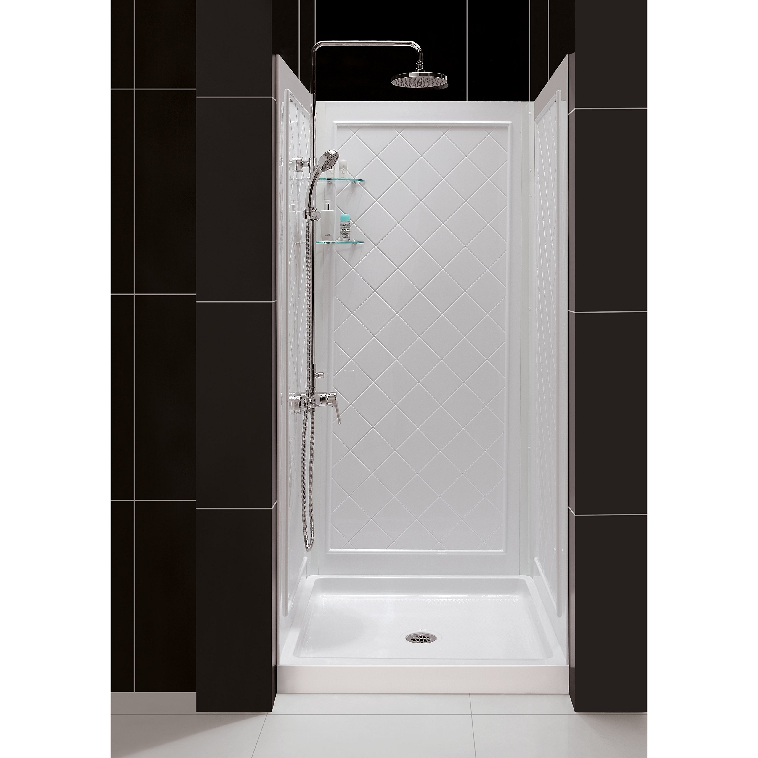 DreamLine36 in. D x 36 in. W x 76 3/4 in. H Center Drain Acrylic Shower Base and QWALL-5 Backwall Kit In White, DL-6194C-01