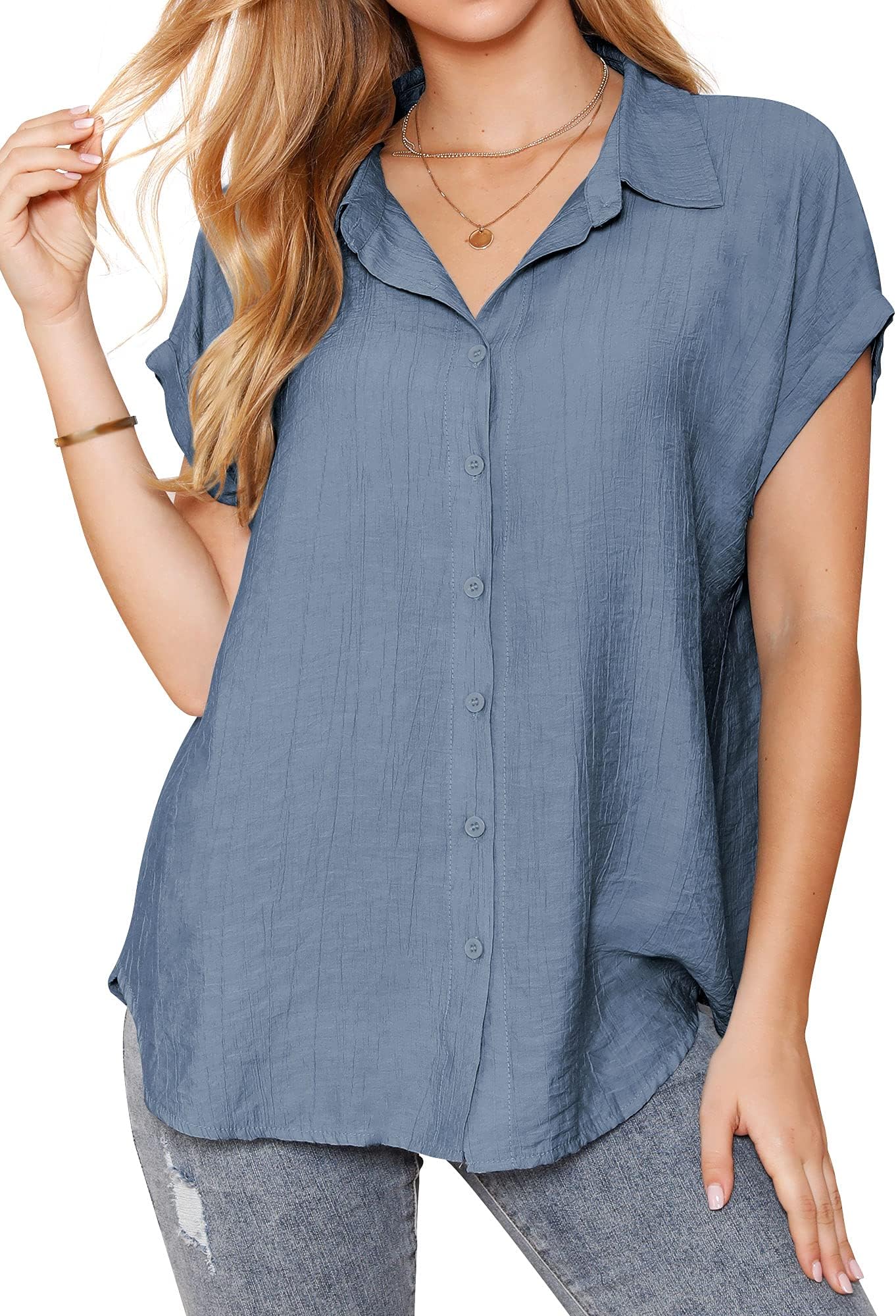 EzcosplayWomen Cuffed Sleeve Collar Blouses Button Down Casual Work Plain Tops Business Shirts