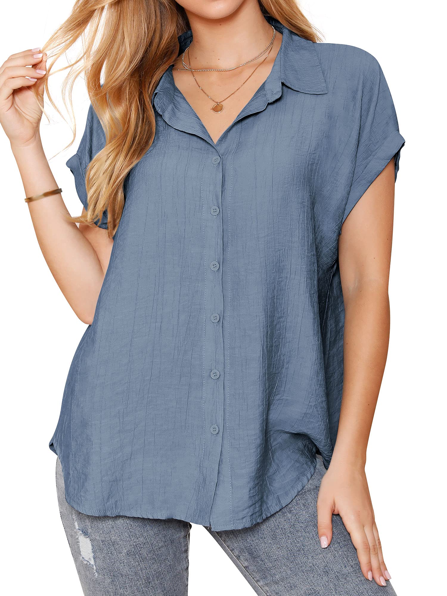 EzcosplayWomen Cuffed Sleeve Collar Blouses Button Down Casual Work Plain Tops Business Shirts