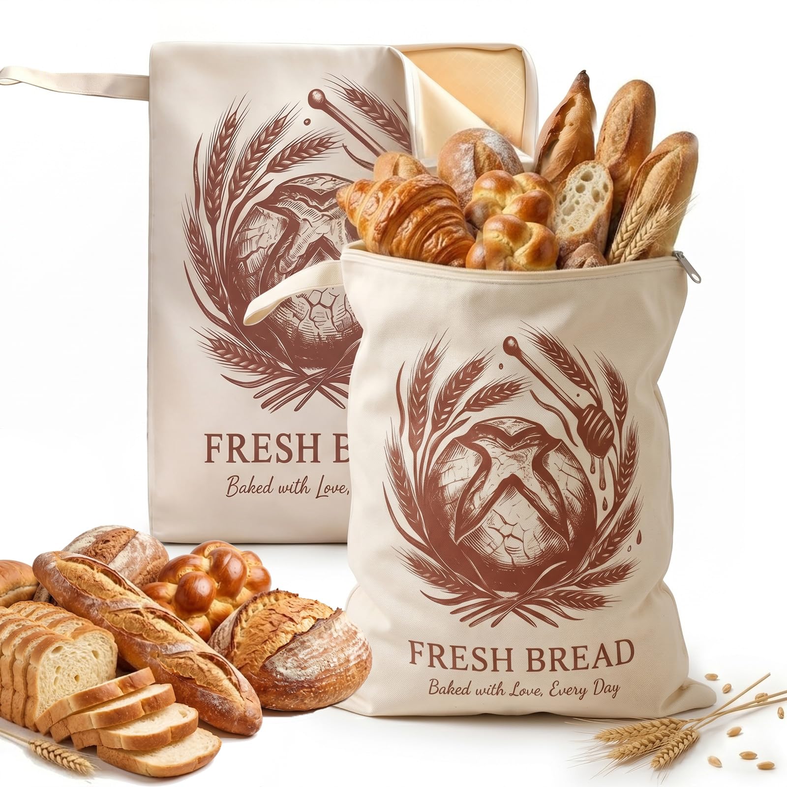 2 Stück Bienenwachs Brotbeutel Leinen wiederverwendbar Brotaufbewahrung | Extra breite L-Öffnung, frischhaltend, gefrierschrankfest, 42x33cm, geeignet für Sauerteigbrot und Brottüten