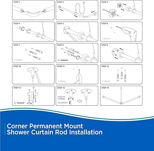 Miniatura 8 de Kenney KN61423 - Barra de cortina de ducha de esquina de montaje permanente, 36 x 36 pulgadas de longitud fija, acabado blanco, tubos de acero