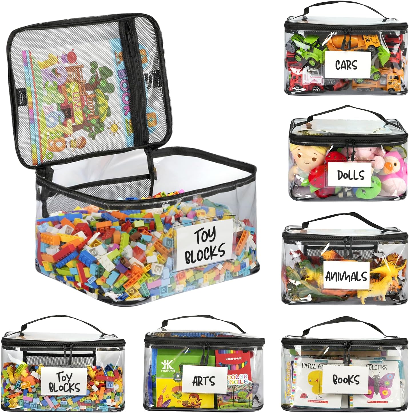 Six pack extra large toy storage bags with zippers labels