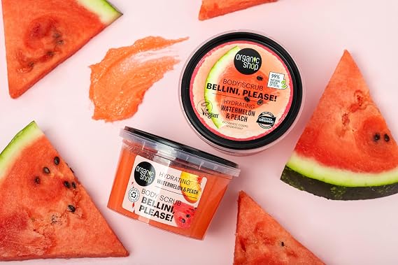 Organic Shop Watermelon & Peach, Hydration & Exfoliating Body Scrub, 100% Vegan & Organic, Daily Exfoliant, Detox & Moisturizer, Body, Face, Hand & Foot, Intensive Care & Skin Toning. 250ml.
