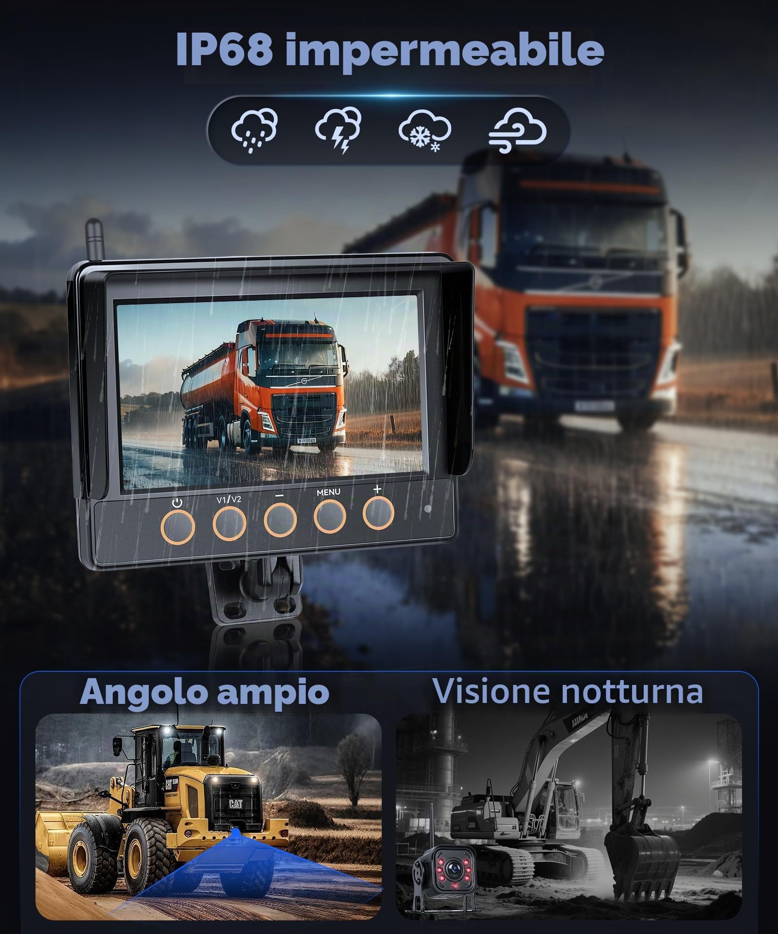 VECHTEL Kit Telecamera Posteriore IPS HD 7 Pollici senza Fili con 1 Telecamere, Telecamera Retromarcia Auto con BSD Impermeabile IP68 Visione Notturna Supergrandangolo per 12-36V Veicoli da Cantiere