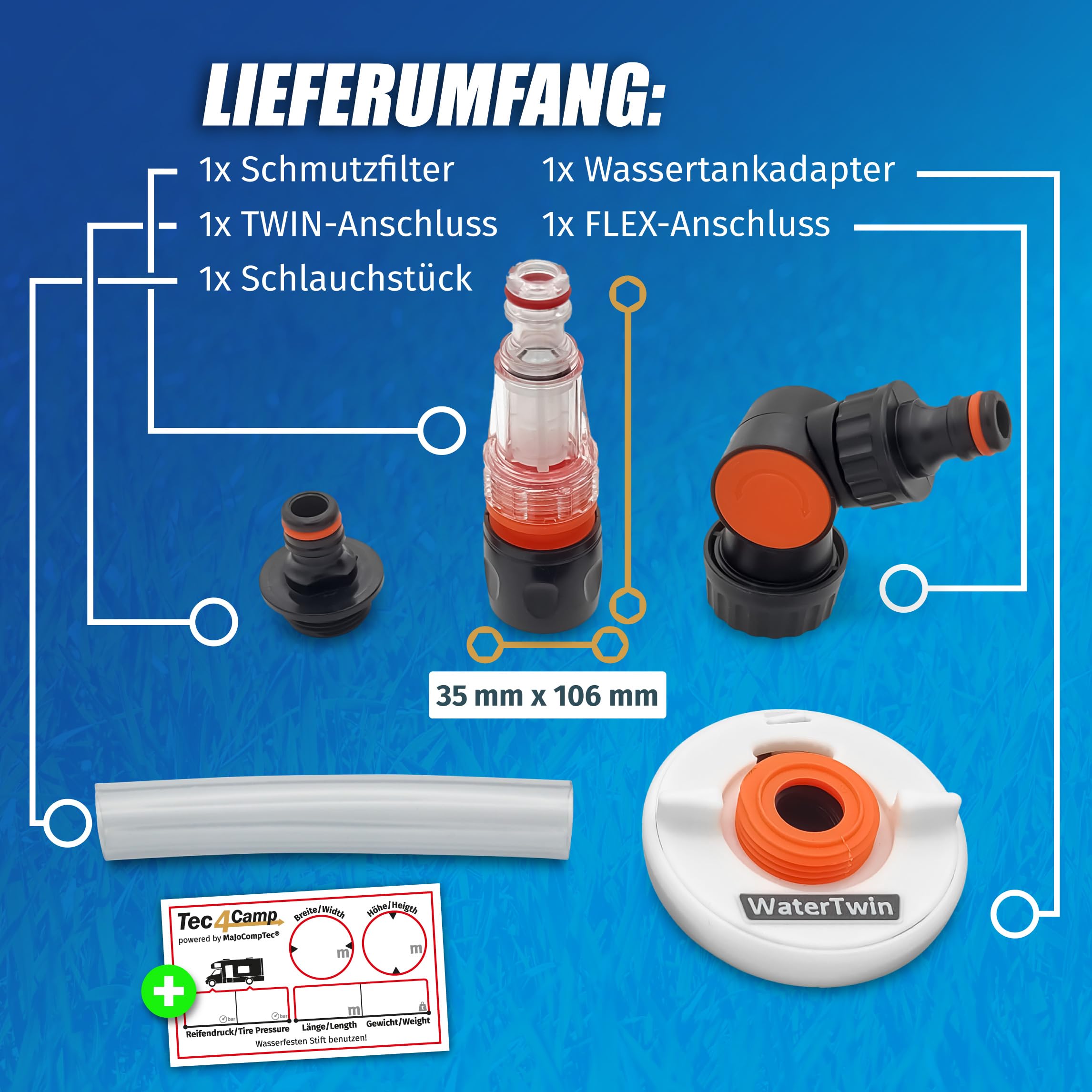 MaJoCompTec® WATERTWIN - Set di filtri per serbatoio dell'acqua per camper, accessori per serbatoio, adattatore compatibile con Gardena, tipo 3 pin, D:78 (CLEAN)
