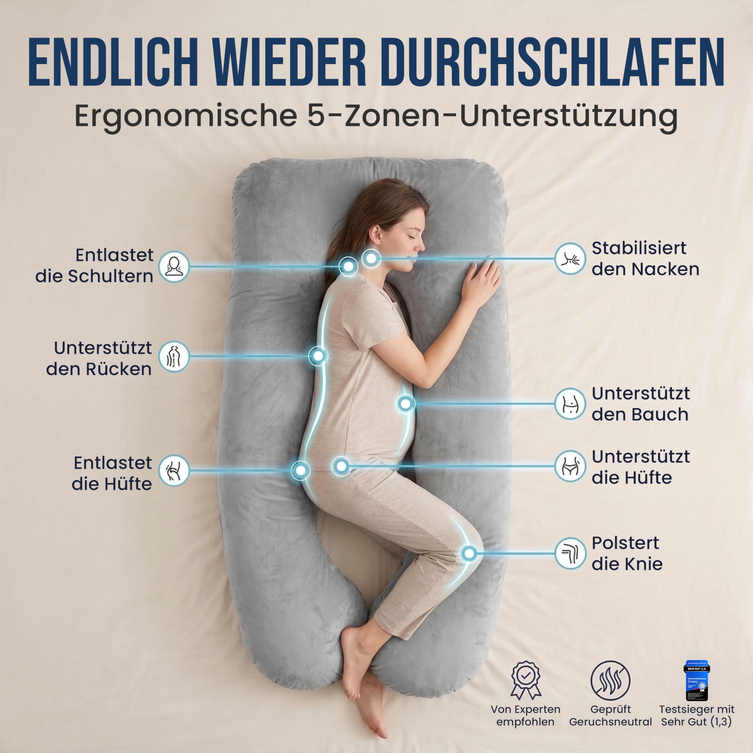 Seitenschläferkissen mit Bezug waschbar Flexible Füllung Stillkissen XXL Pregnancy Pillow Schwangerschaftskissen