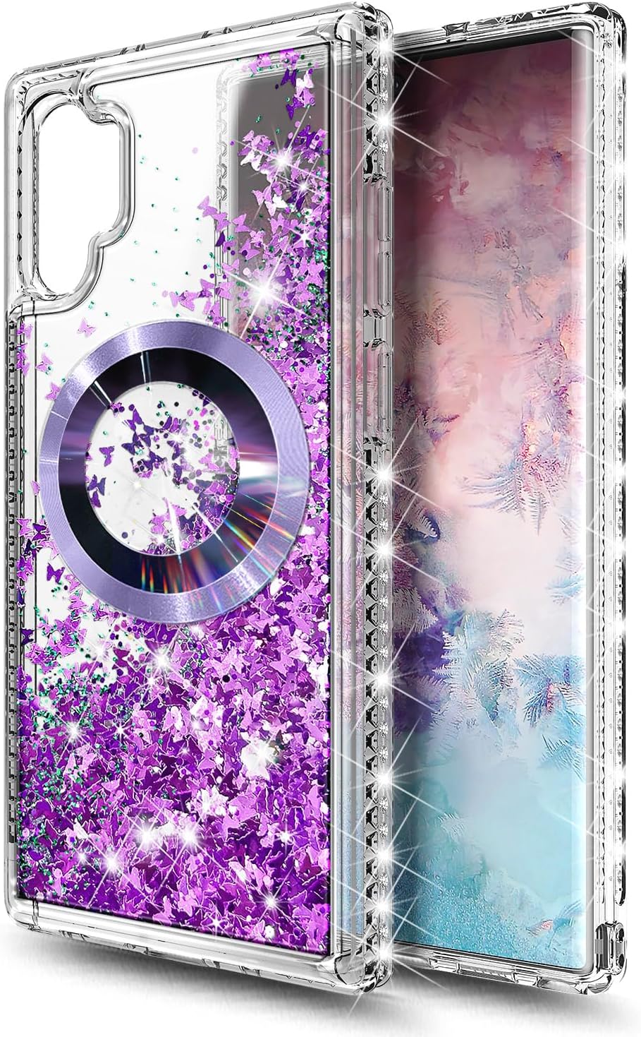 NGB Supremacy Magnetic for Samsung Galaxy Note 10+ (Plus) Case [Compatible with Magsafe] with Diamond Wrist Strap Lanyard, Glitter Floating Liquid Cute Phone Case (Purple Butterfly) - Image 3