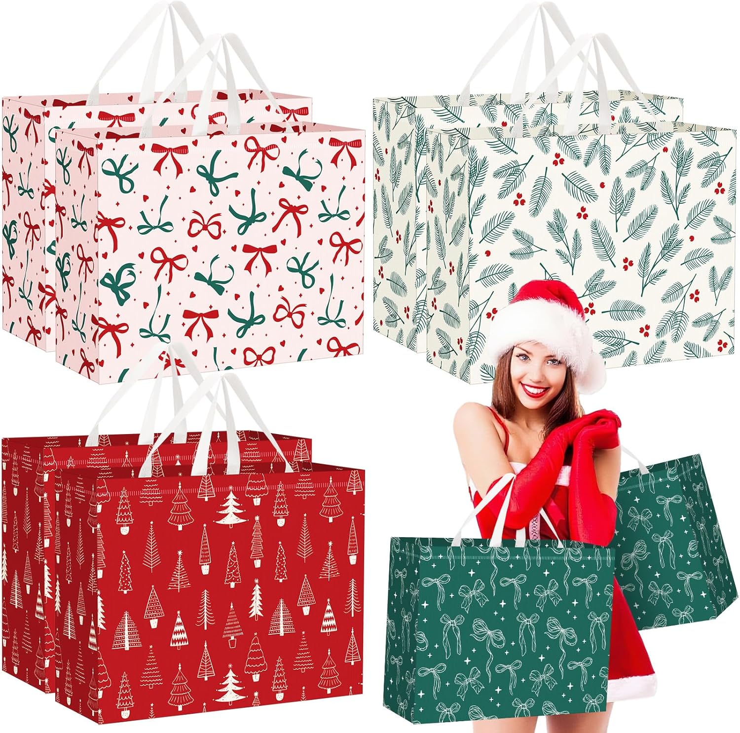 Remagr 36 Pcs Extra Large Christmas Gift Tote Bags with Handles 19.69 x 7.09 x 14.96 Inches Jumbo Reusable Non Woven Shopping Tote Bags Xmas Treat Wrapping Party Supplies