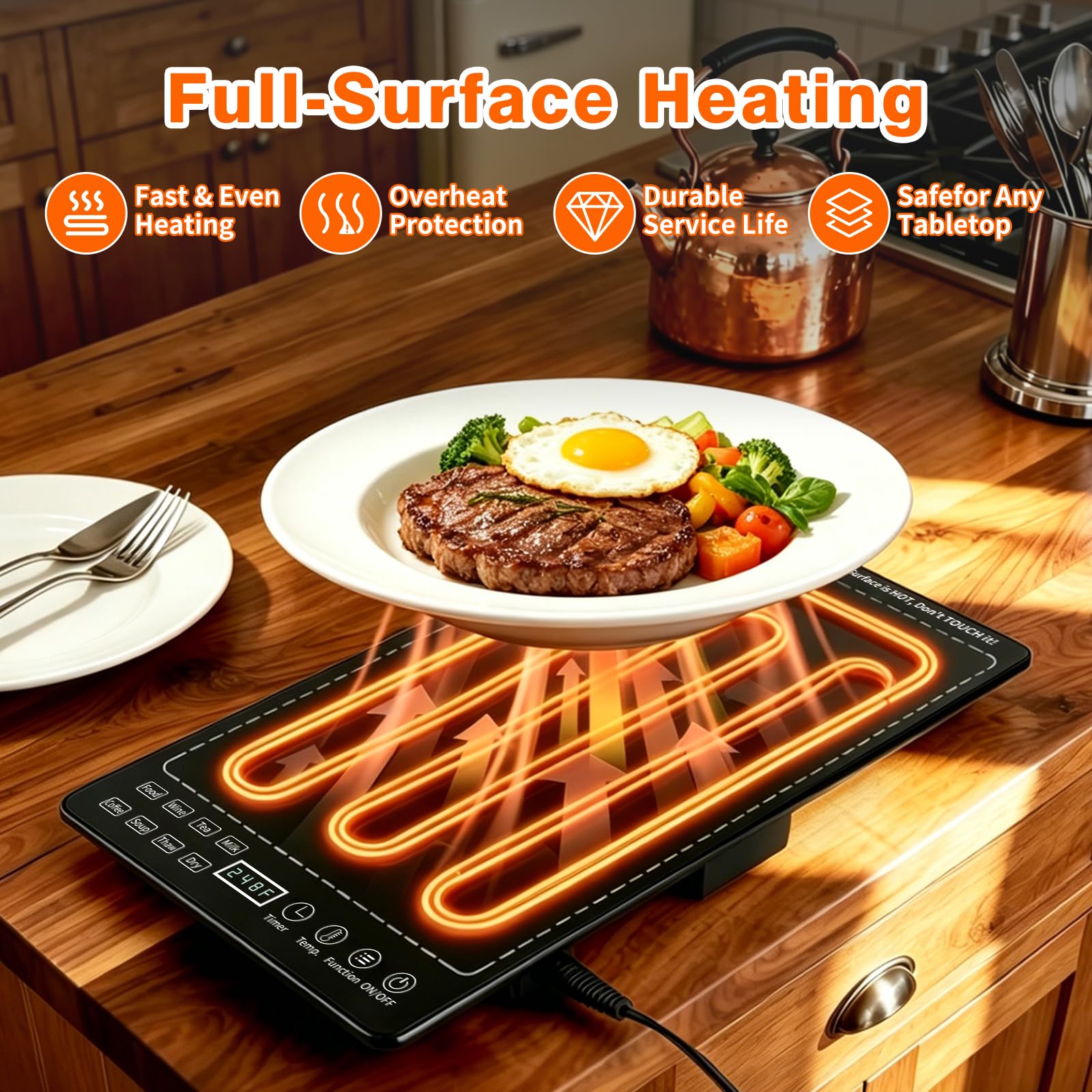 Bandeja de calentamiento eléctrica, calentadores eléctricos modulares 5 en 1 con 10 ajustes de calor y temporizador de 12 horas, alfombrilla de calentamiento de 41 x 15 pulgadas para alimentos