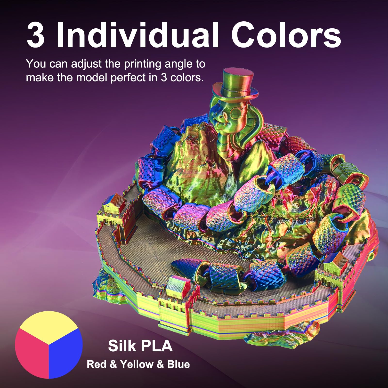 ERYONE Silk Tri-Color Coextrusión PLA Filamento 3D Printer 1,75 mm, +/-0,03 mm, Triple Color Filamento 1 kg (2,2 lbs), Silk Red, Amarillo y Azul