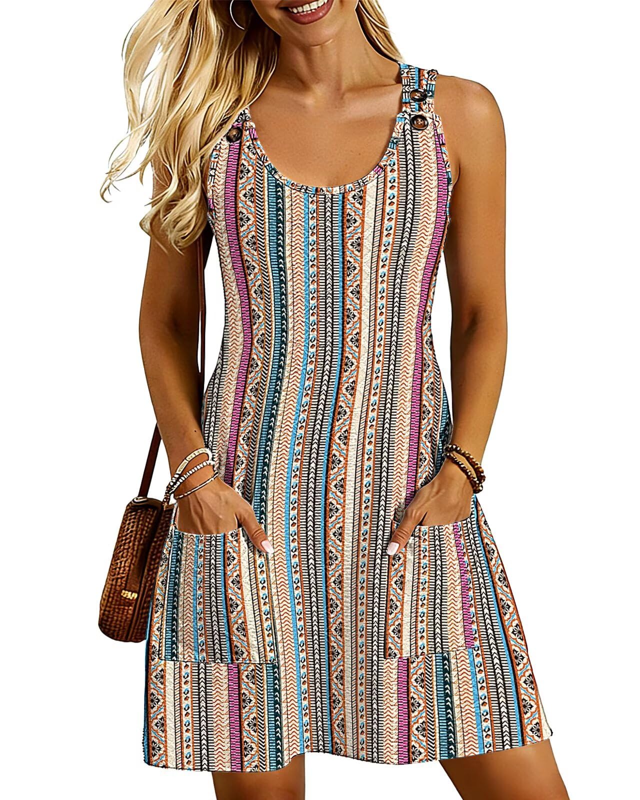 Tanmolo Strandkleid Damen Sommerkleid Knielang Trägerkleid A Linie Mit Knopfleiste Und Taschen