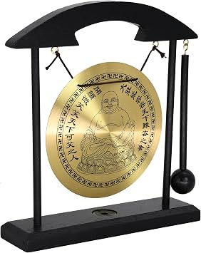 Owlgift Feng Shui Desktop Gong Set, Brass Gong with Solid Wood Frame & Mallet, Maitreya Buddha Engraved Zen Decor with Replica Chinese Coin Base, Meditation Sound Gong for Home Office, 11.1"W x 7.9"H