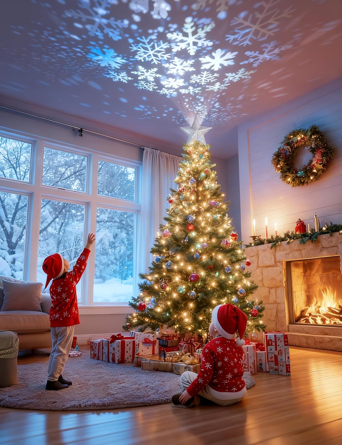 DG-Direct Christmas Tree Topper Lighted Star [Silver],3D Hollow Sparkling Star Christmas Tree Topper with Rotating Magic Cool White Snowflake Projector for Christmas Tree Ornament (Silver)