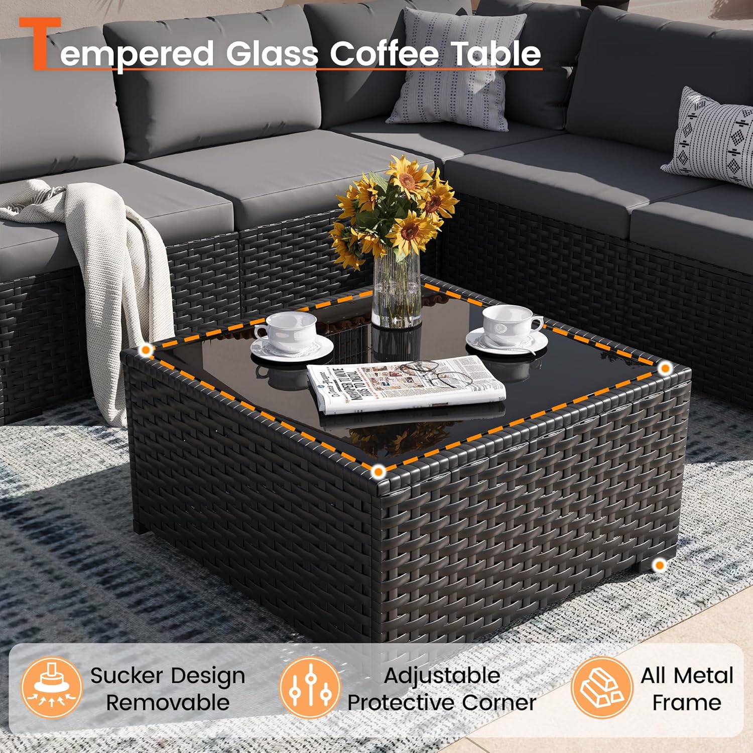 Patio Furniture Set, 7-Piece Outdoor Sectional All-Weather Wicker Patio Conversation Set for Backyard, Garden, Grey