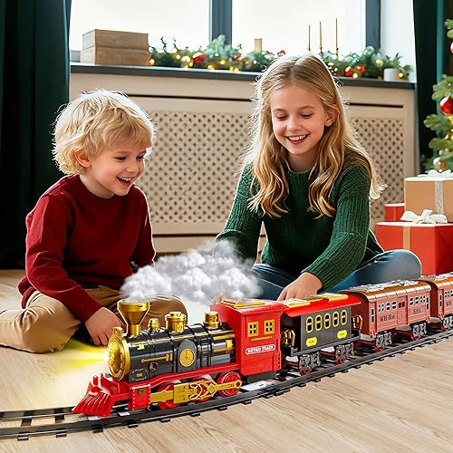 Miniatura 3 de Juego de tren eléctrico para niños, juguetes de tren de Navidad con humo, luz y sonido, pistas de tren de construcción de bricolaje debajo del árbol