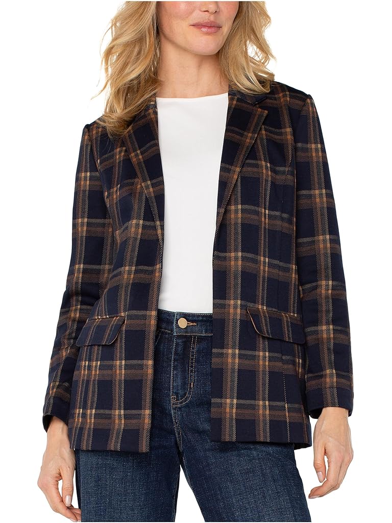 Tan Liverpool Los Angeles Petite Oversized Plaid Knit Boyfriend Blazer