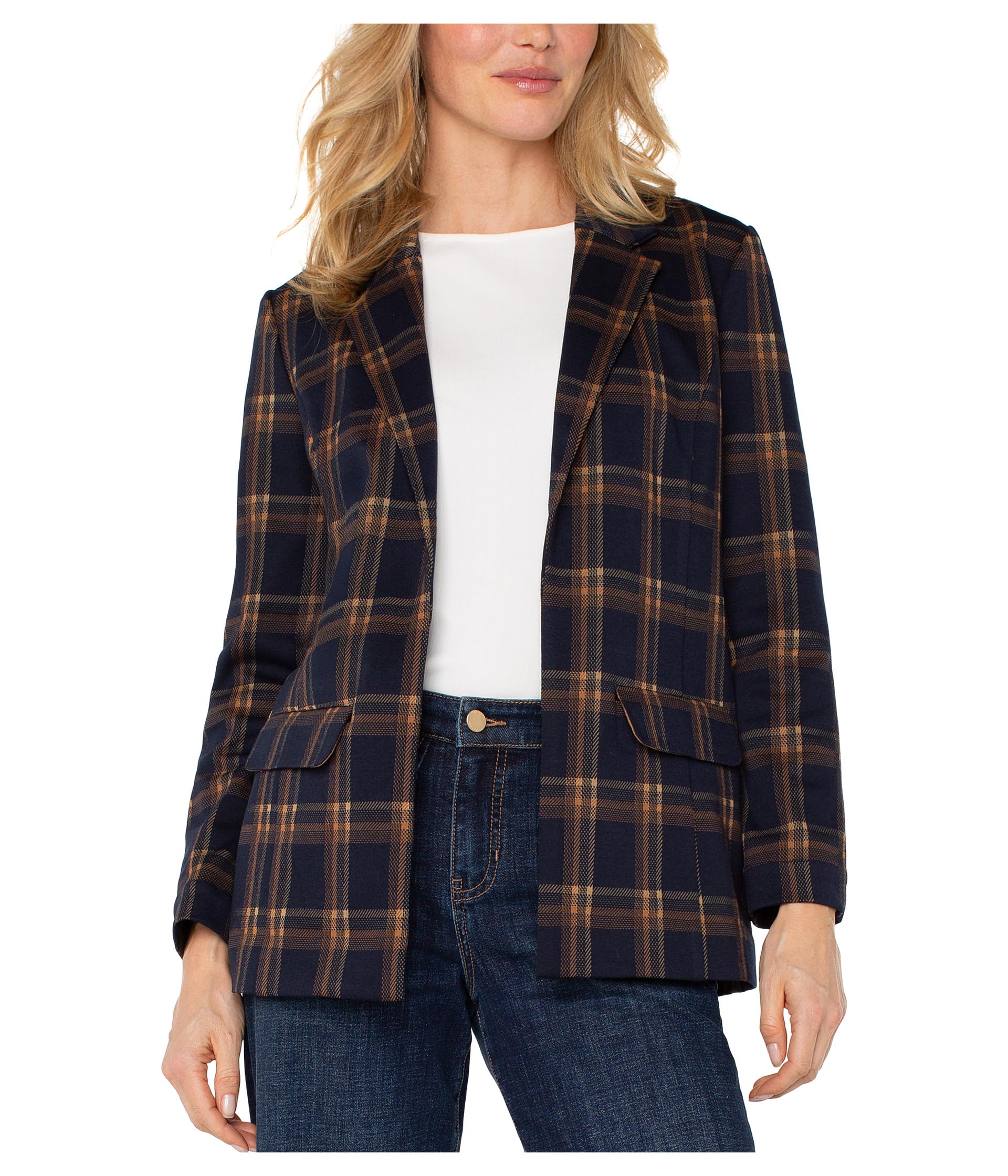 Liverpool Womens Petite Oversized Plaid Knit Boyfriend Blazer
